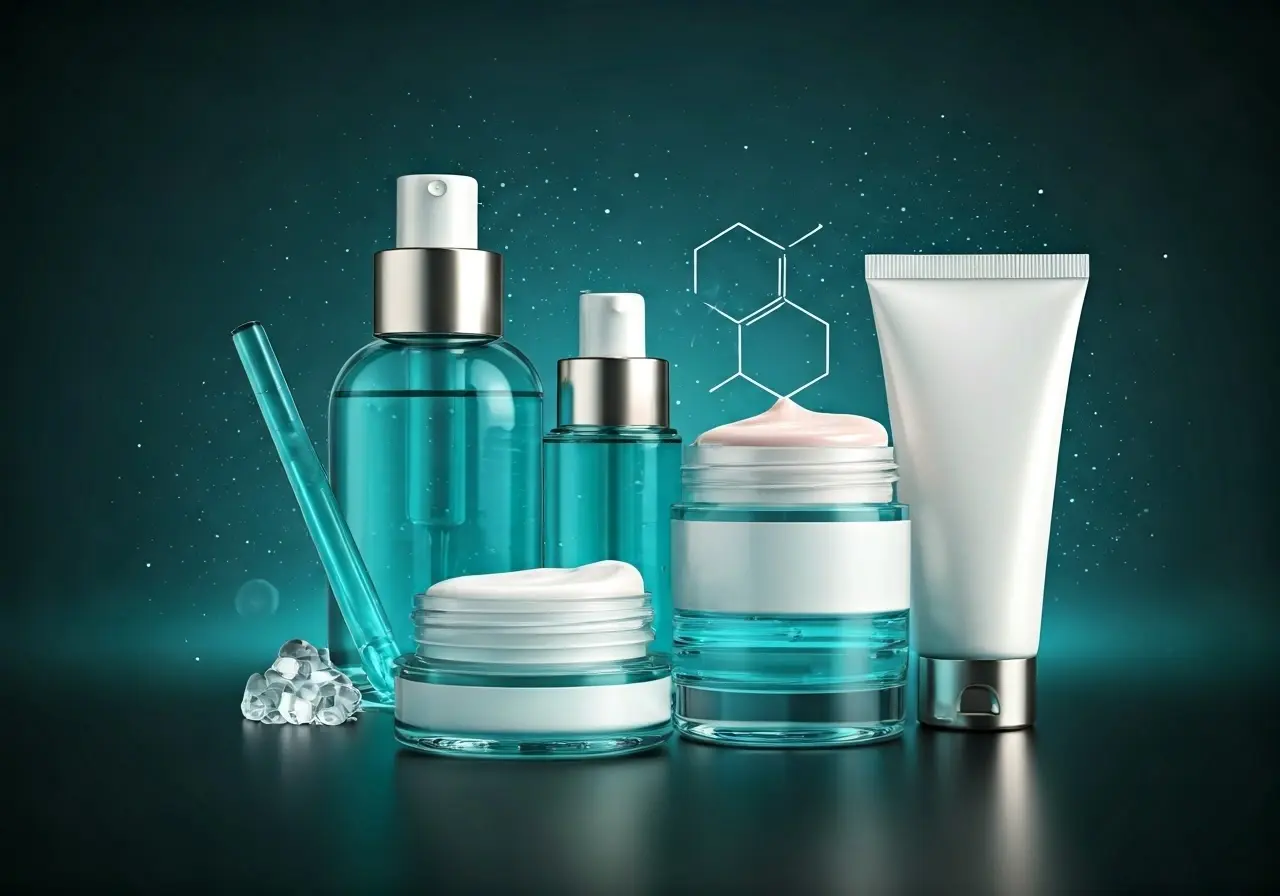 A collection of skincare products with scientific elements overlay. 35mm stock photo