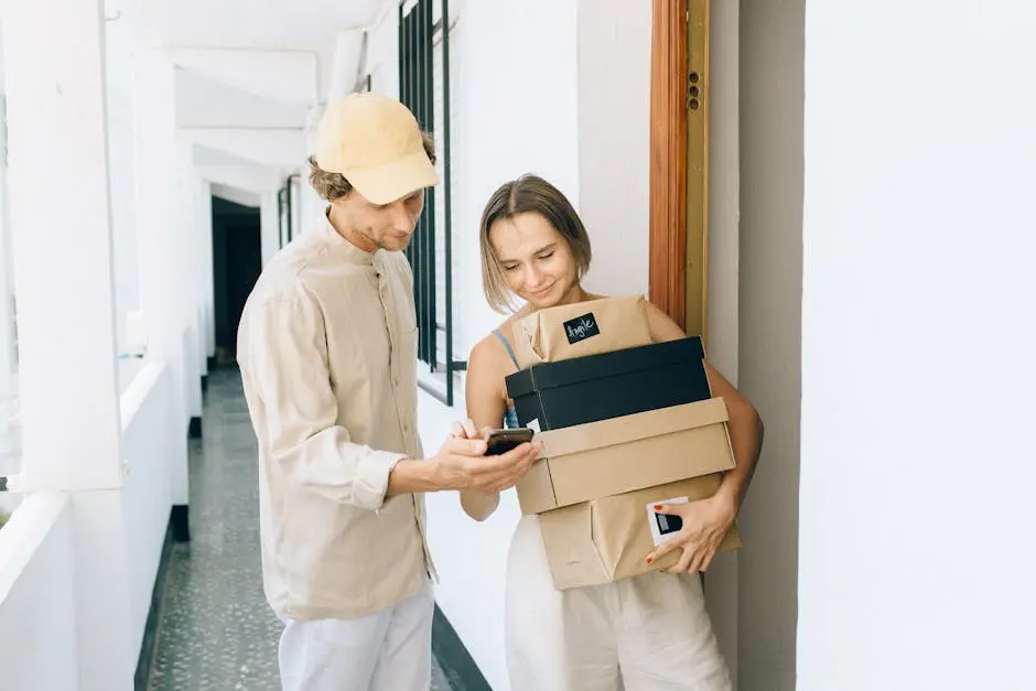 A man and woman engaged in a home delivery package exchange, smiling.