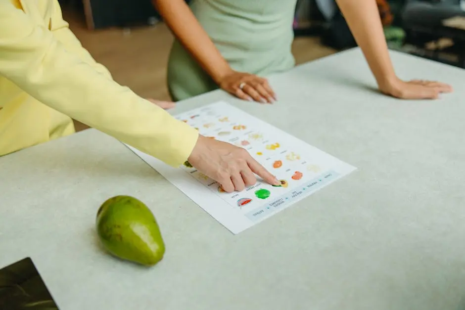 Two adults discussing food options with a chart, highlighting healthy nutrition indoors.