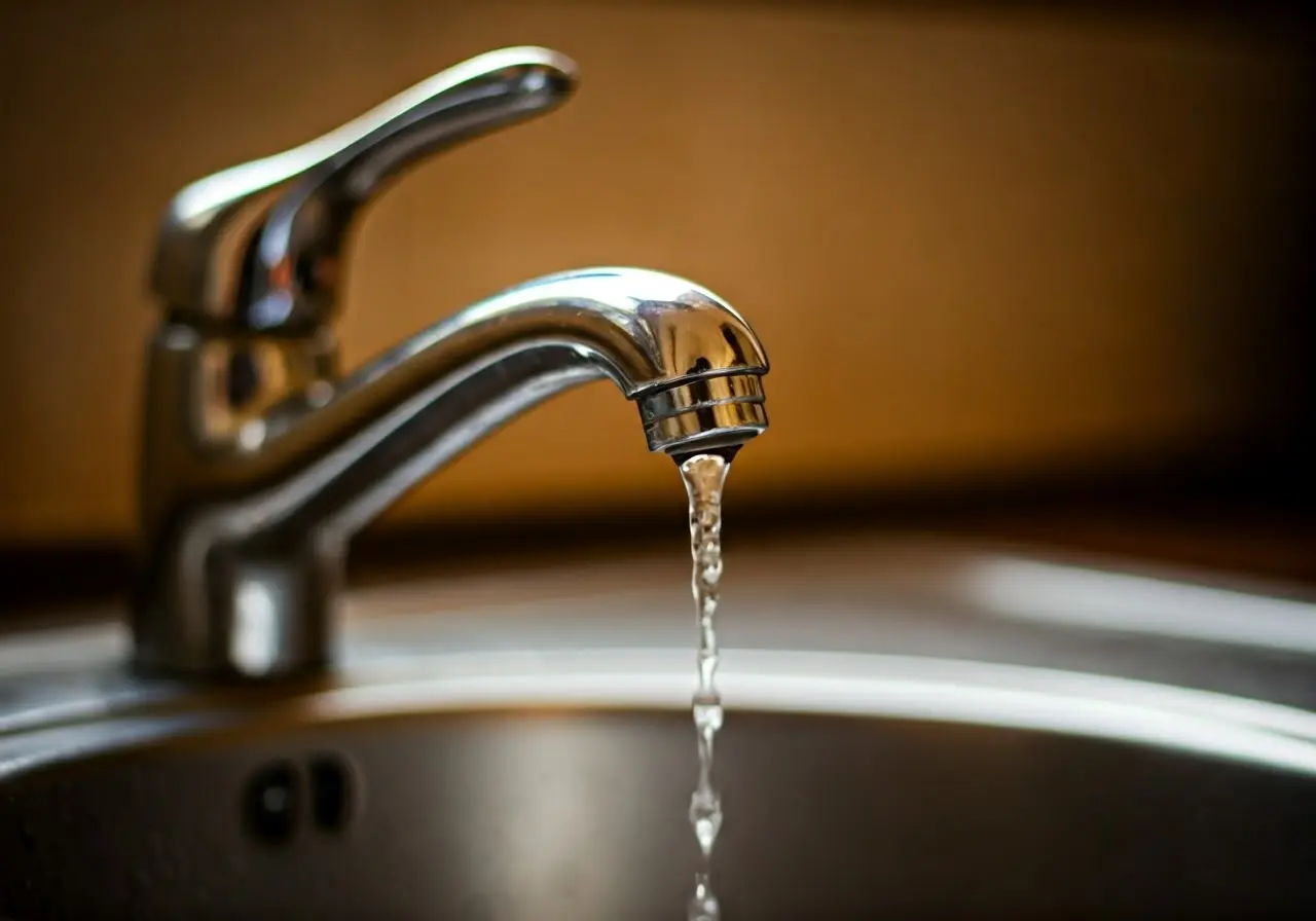 A leaky faucet dripping water into a stainless steel sink. 35mm stock photo