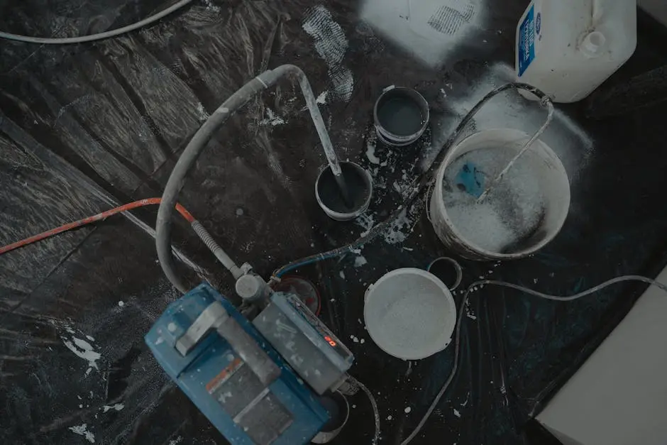 Paint mixing setup with industrial equipment and containers in a workshop.