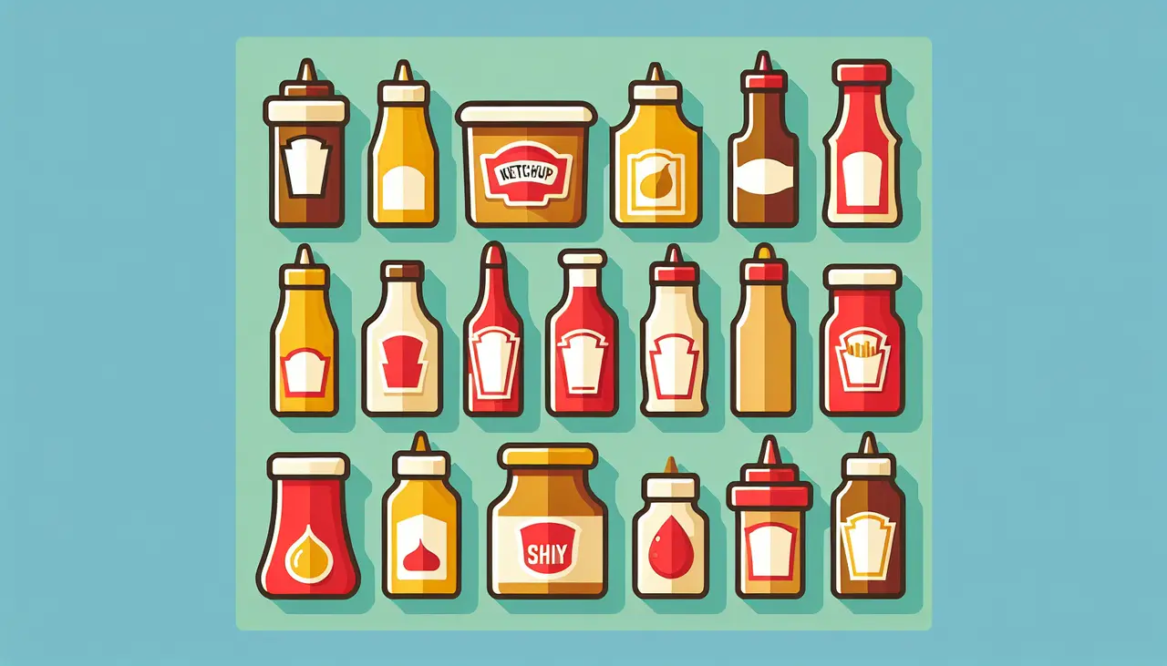 Draw a graphic in flat design style. Illustration of a variety of sauce bottles and dipping containers labeled with common UK fast food sauces like ketchup, mayonnaise, and curry sauce, arranged neatly on a simple background.