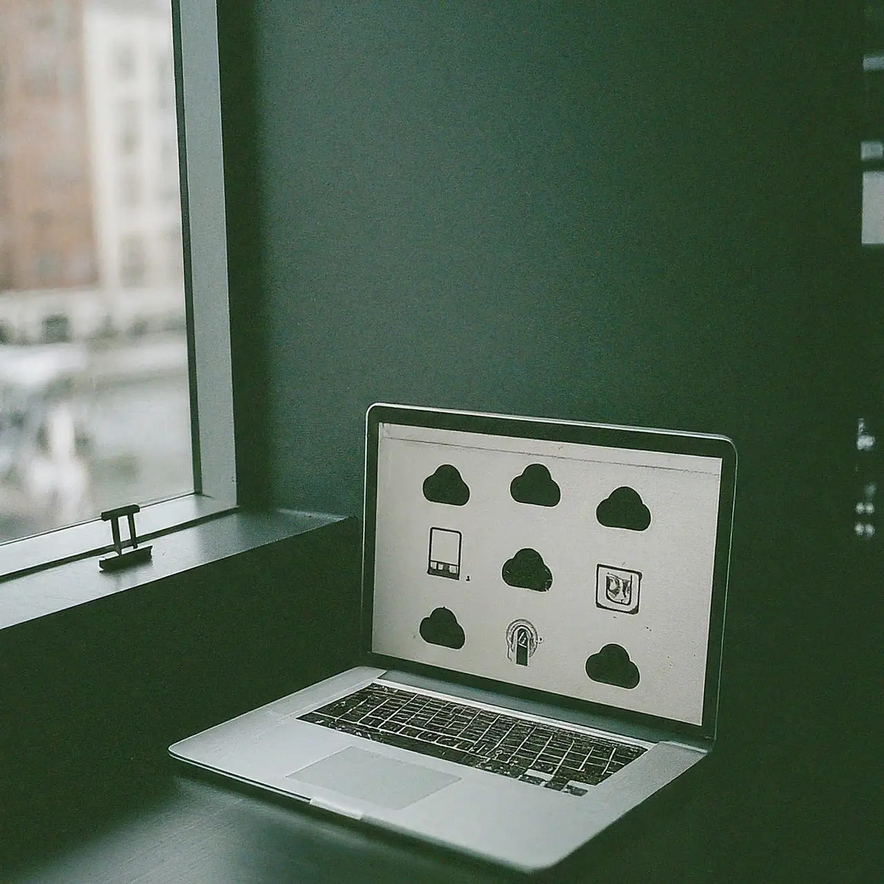 A laptop showing cloud-based IT service icons. 35mm stock photo