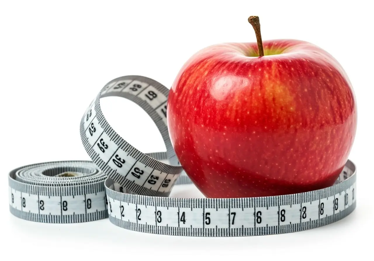 A measuring tape wrapped around a ripe red apple. 35mm stock photo