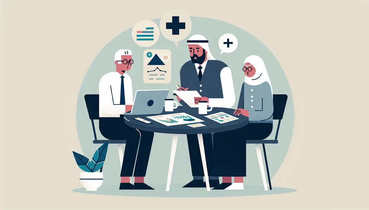 Draw a graphic in flat design style. A financial advisor and an elderly couple discussing investment plans with a subtle cross symbol in the background.