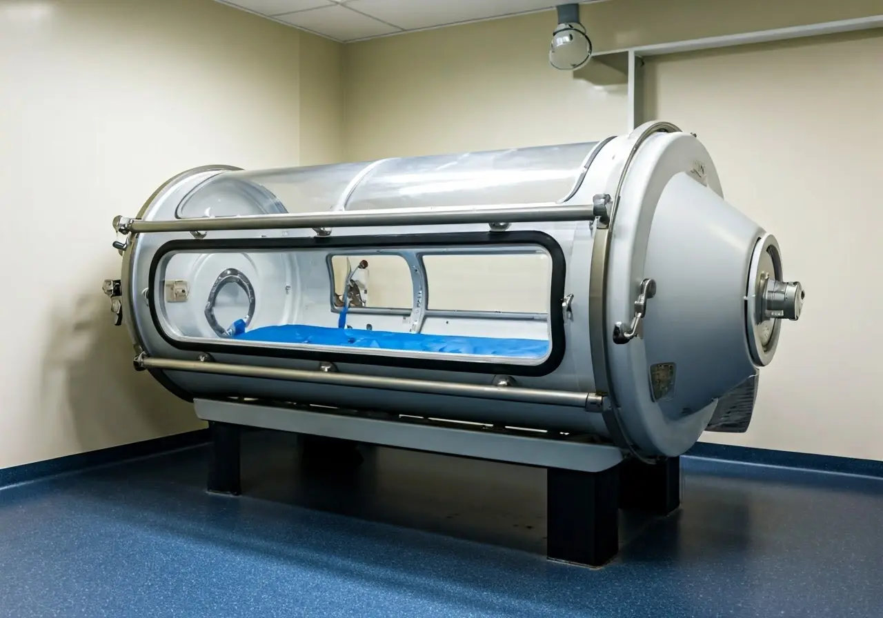 A modern hyperbaric oxygen chamber in a clean clinical setting. 35mm stock photo