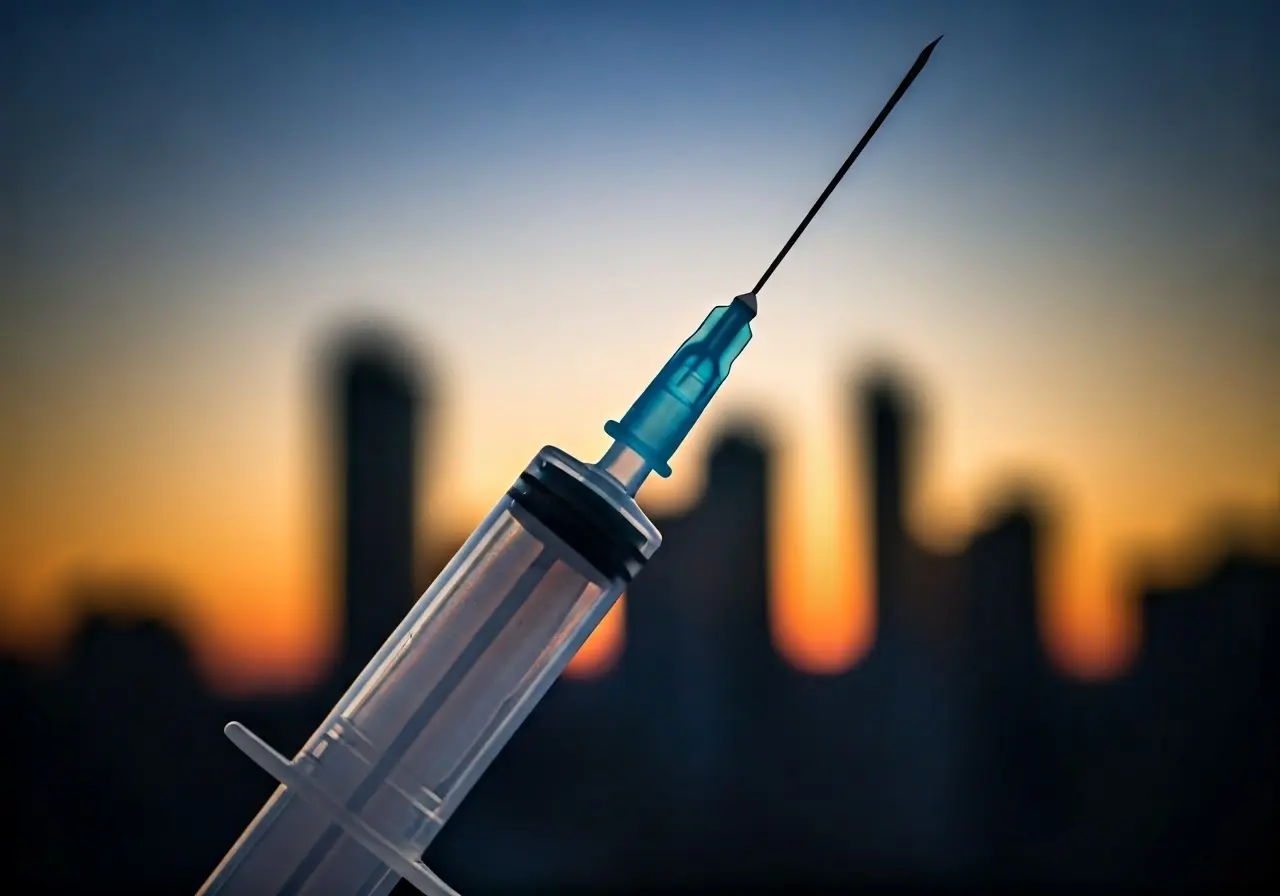 A close-up of a syringe with a soft-focus Manhattan backdrop. 35mm stock photo