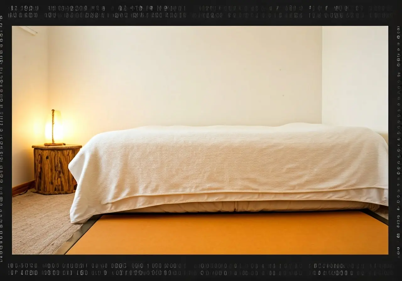 A serene bedroom with a grounding mat under the bed. 35mm stock photo