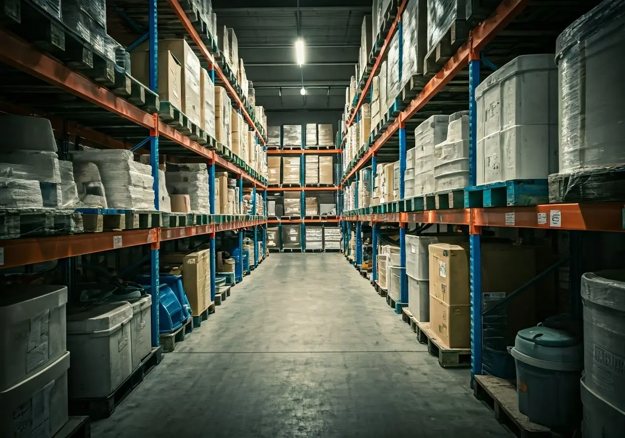 A cluttered warehouse with cleaning equipment and organized shelves. 35mm stock photo