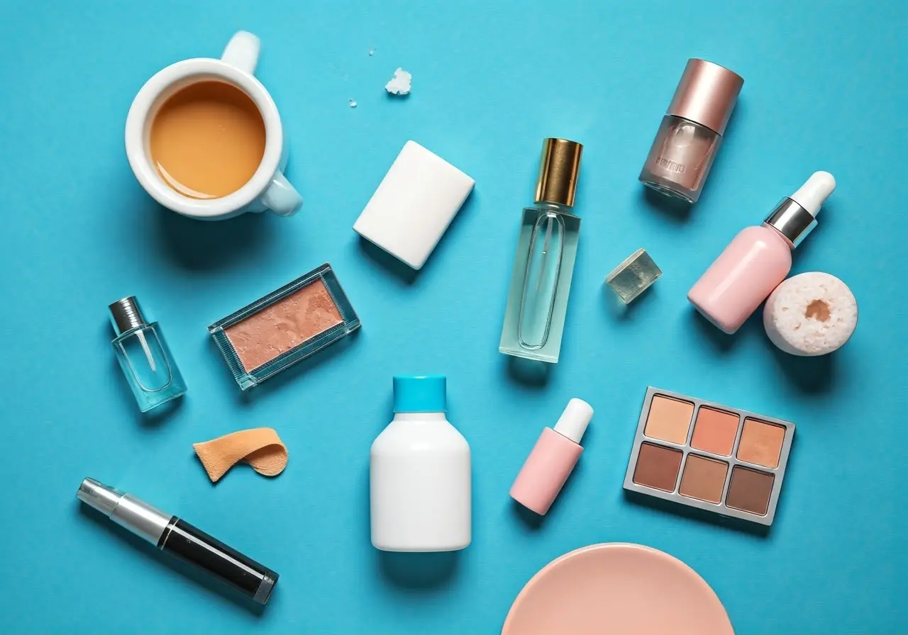 A flatlay of trendy beauty products and accessories on a table. 35mm stock photo