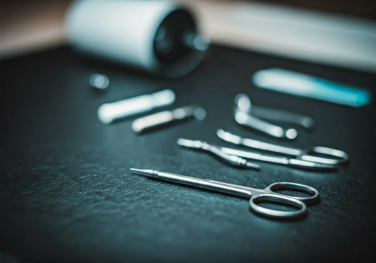 Ear piercing tools and equipment on a professional salon table. 35mm stock photo