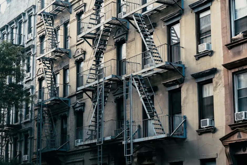 Classic New York City apartment buildings with fire escapes in an urban setting.