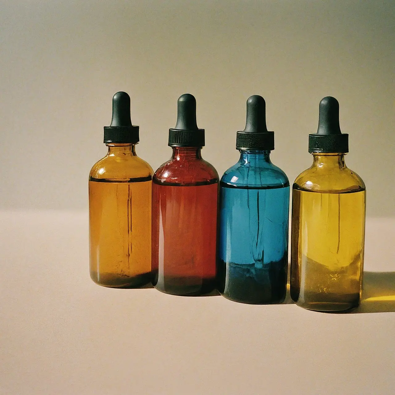 A row of glass dropper bottles filled with colorful serums. 35mm stock photo