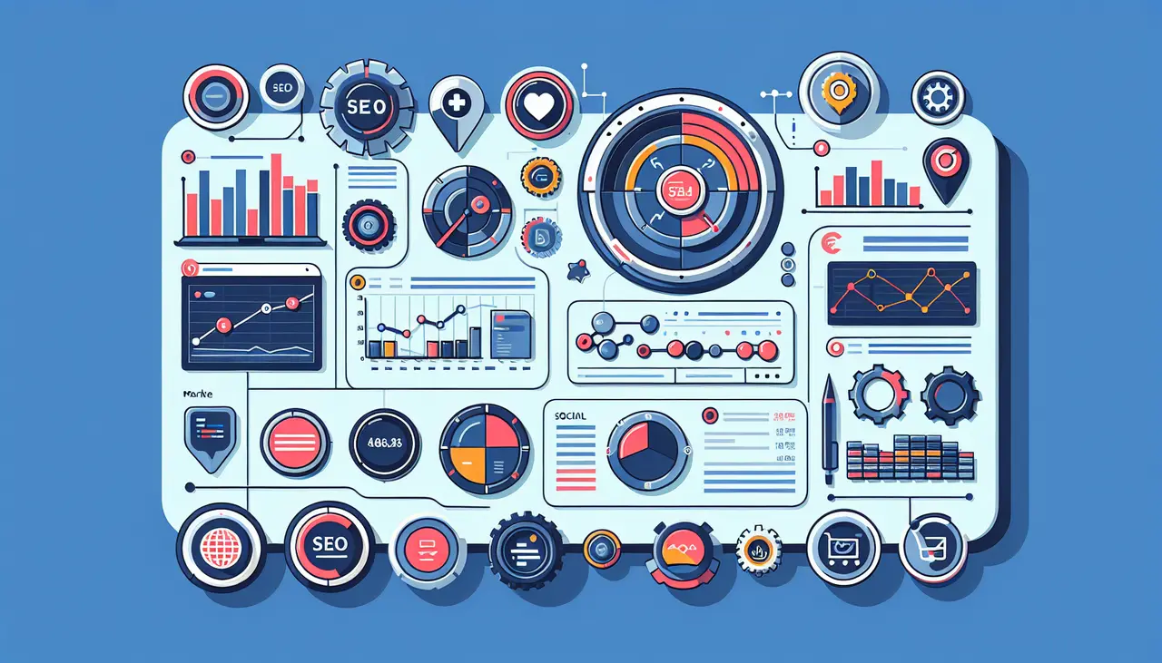 Draw a graphic in flat design style. Create an image of a digital marketing dashboard showcasing SEO, social media, and other marketing channels integrated into a cohesive plan.