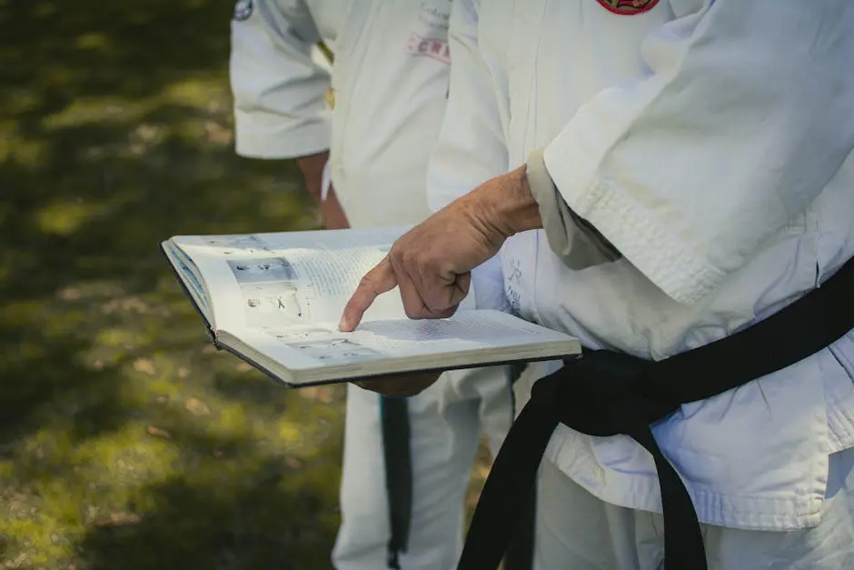 Close-up of martial artist holding and pointing at a reference book outdoors.