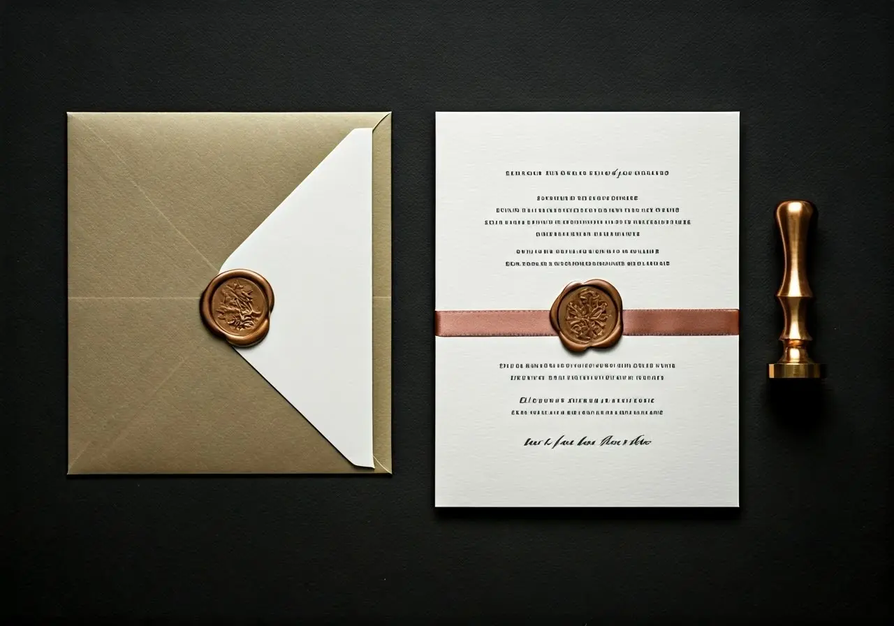 Elegant invitation suite with matching wax seal and ribbon. 35mm stock photo