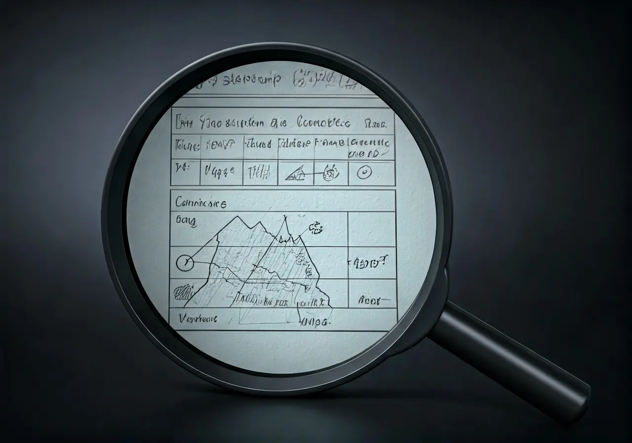 A magnifying glass over a startup concept sketch. 35mm stock photo