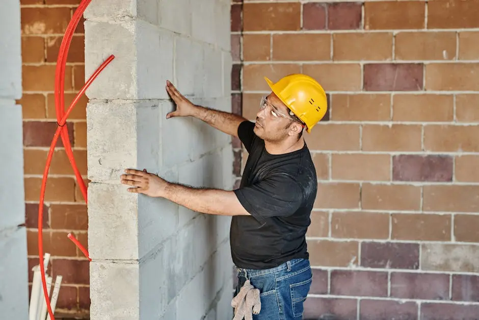 Man in hard hat checks brick wall in indoor construction site.