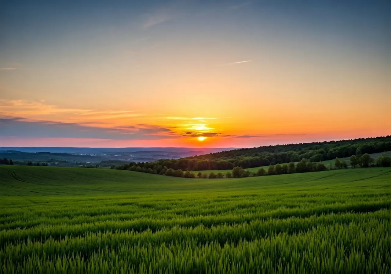 A serene landscape with a sunset and gentle hills. 35mm stock photo