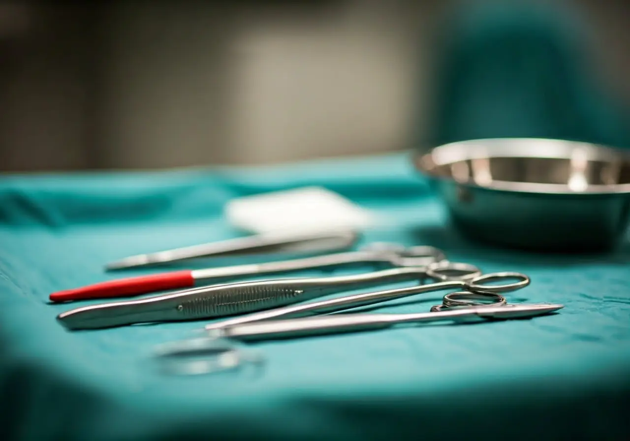 Medical tools and equipment on a sterile surgical tray. 35mm stock photo