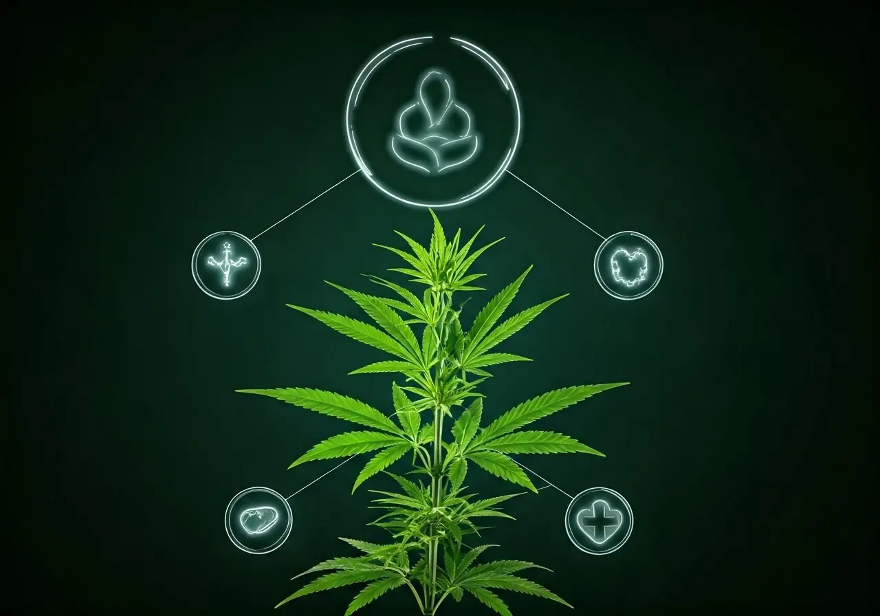 A medicinal marijuana plant with health symbols around it. 35mm stock photo