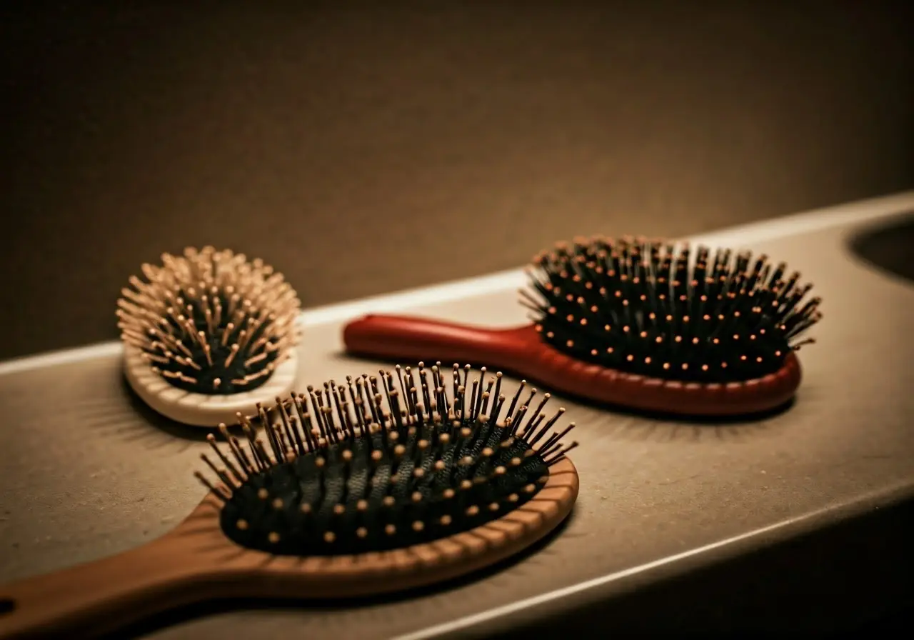 Close-up of various clean hair brushes on a bathroom counter. 35mm stock photo