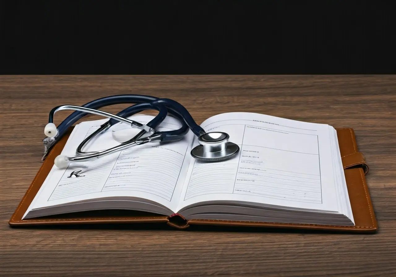 An open notebook with a stethoscope and prescription pad. 35mm stock photo