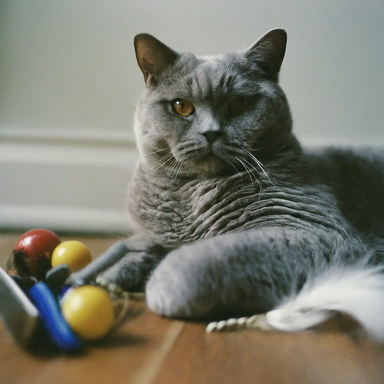 A British Shorthair cat lounging with toys and grooming tools. 35mm stock photo
