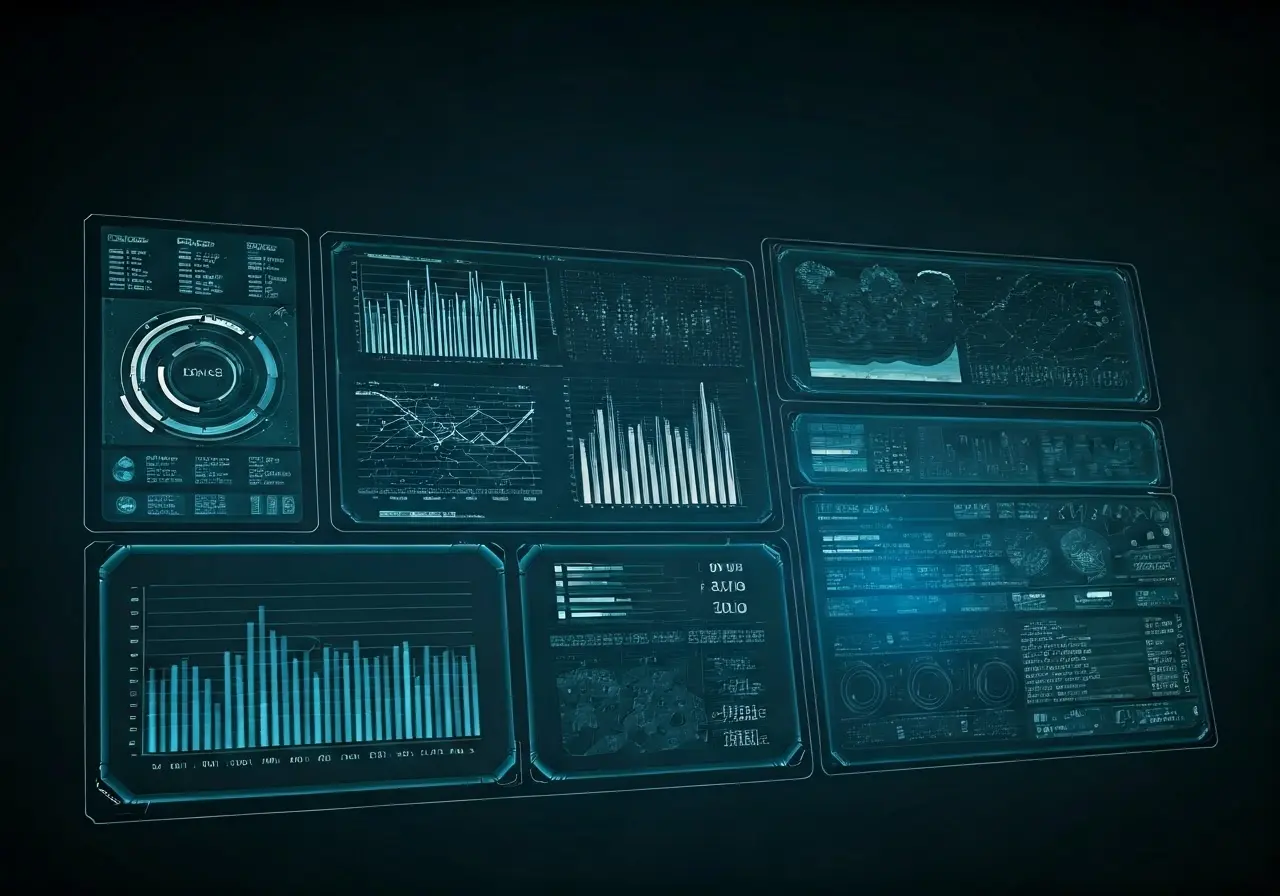 A futuristic digital interface displaying business analytics and AI algorithms. 35mm stock photo