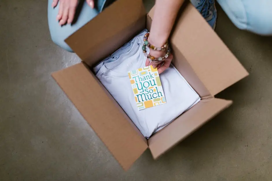 A person packing a white t-shirt with a thank you card into a cardboard box.