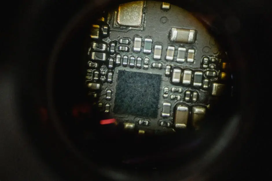 Detailed macro shot of an electronic circuit board showcasing intricate components.