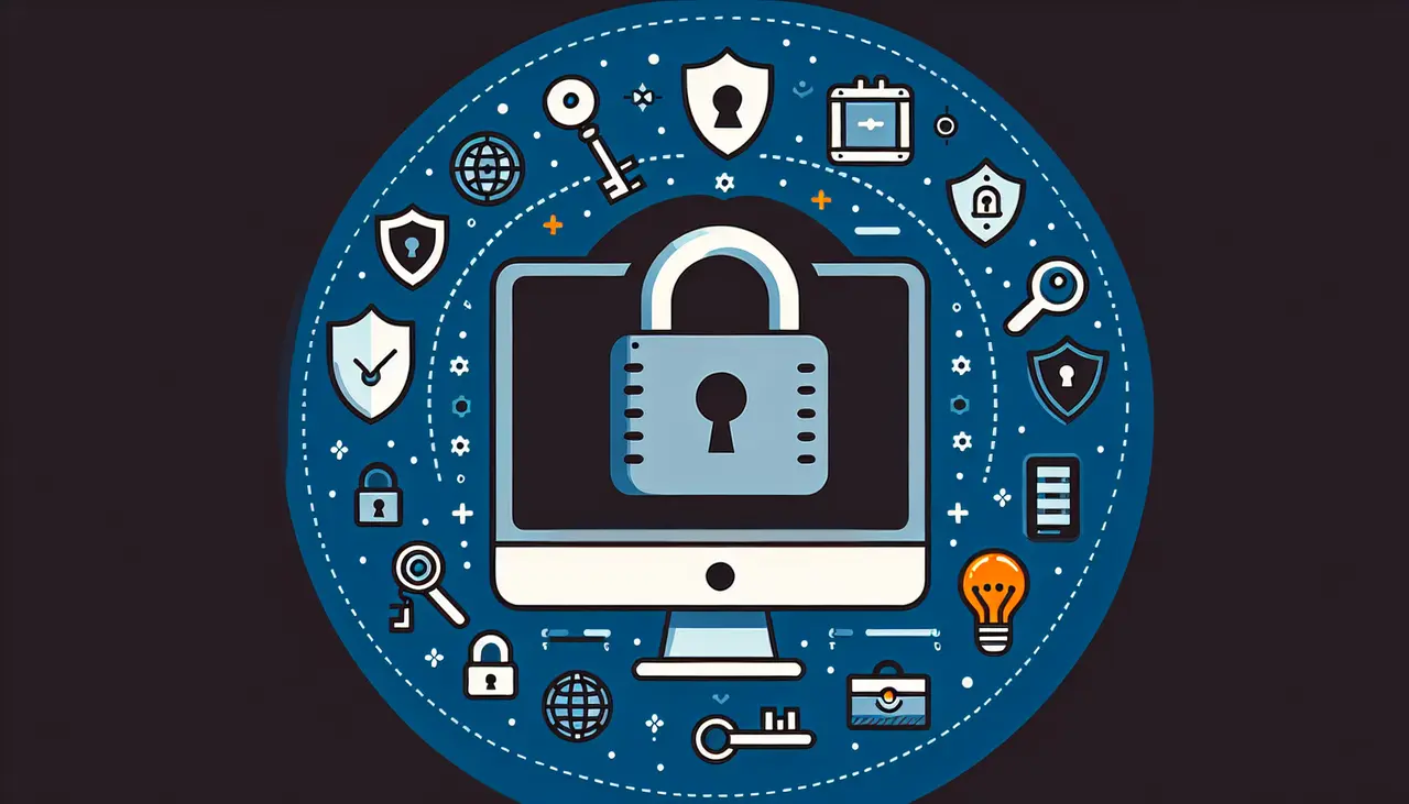 Draw a graphic in flat design style. An image depicting a padlock over a computer monitor, surrounded by simple icons of a shield, a key, and a light bulb.