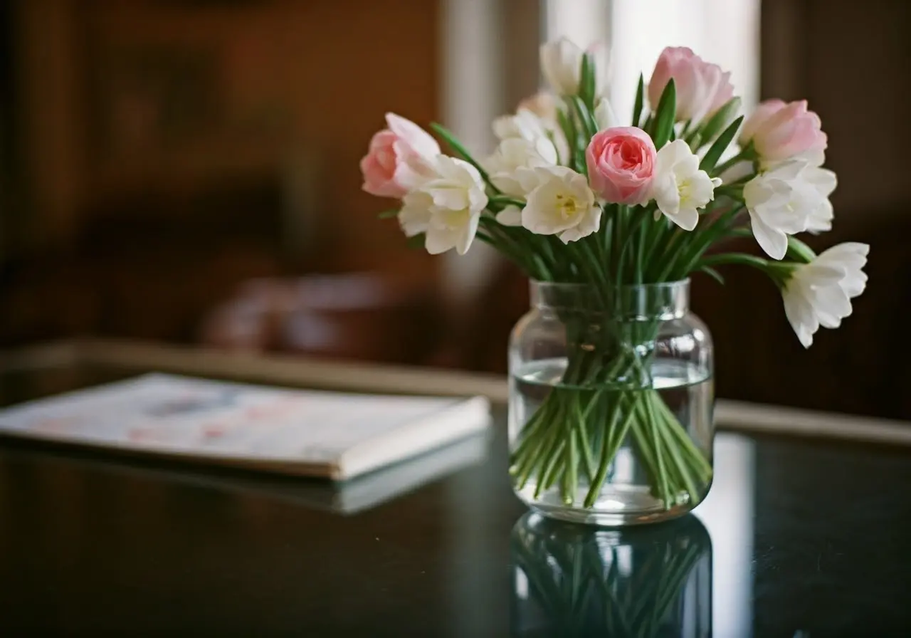 A tidy living room with polished surfaces and fresh flowers. 35mm stock photo