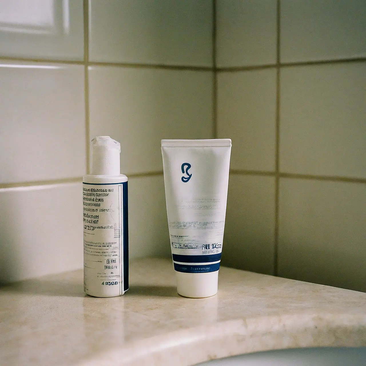 A variety of anti-inflammatory cream tubes on a bathroom counter. 35mm stock photo