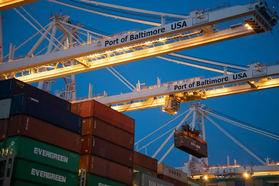 Illuminated cargo cranes at the Port of Baltimore with stacked containers at dusk.