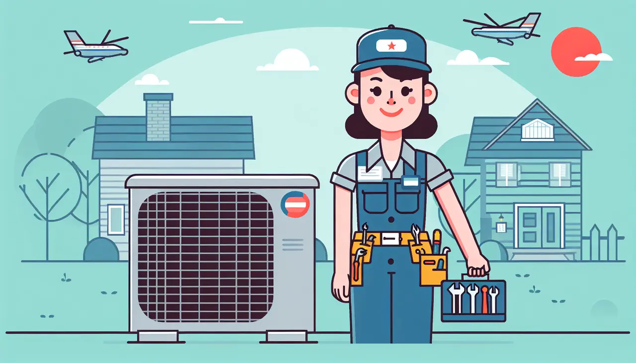 Draw a graphic in flat design style. A flat design illustration of a friendly technician in uniform, carrying tools and standing next to a large air conditioning unit, with a backdrop of simple homes and trees in Highlands Ranch.