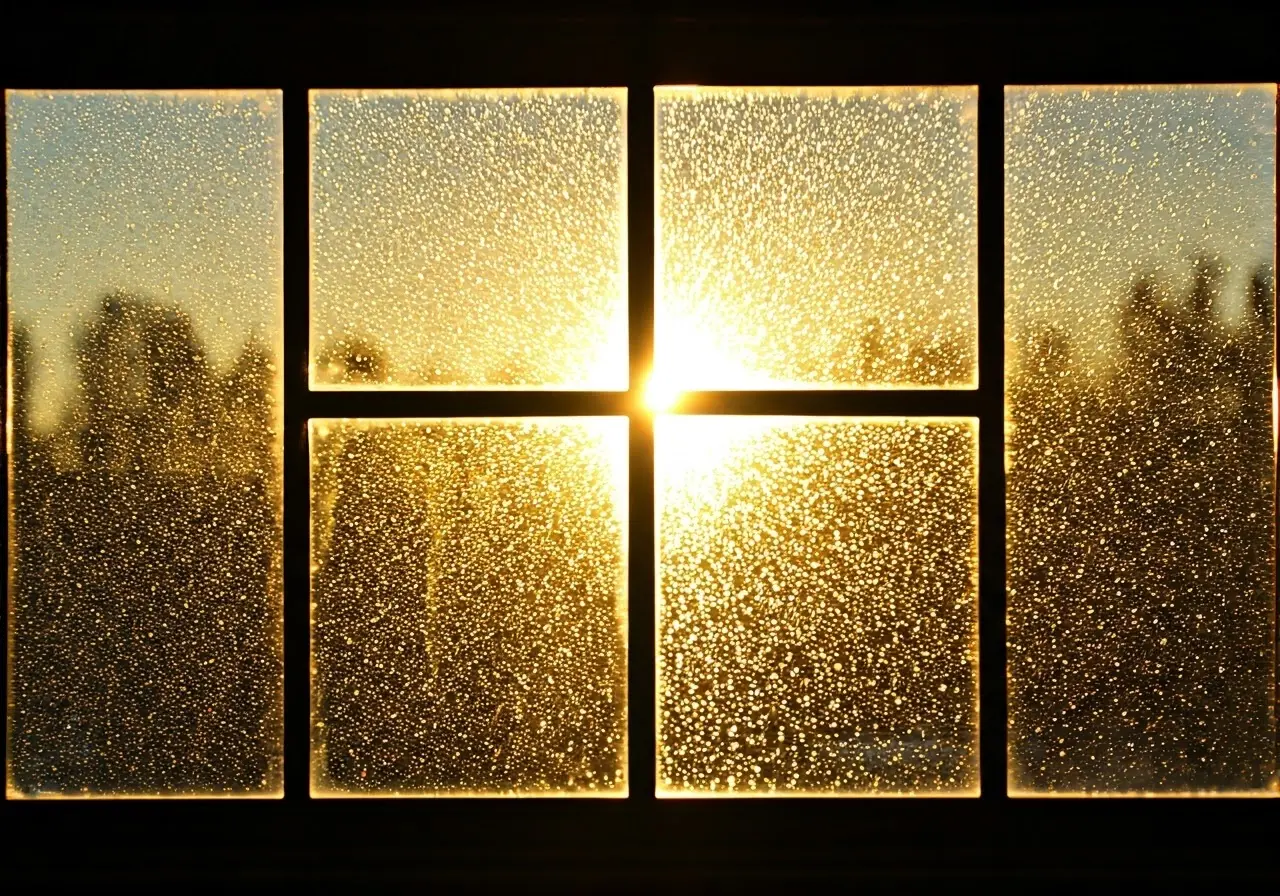 A sparkling clean window reflecting the morning sunlight. 35mm stock photo