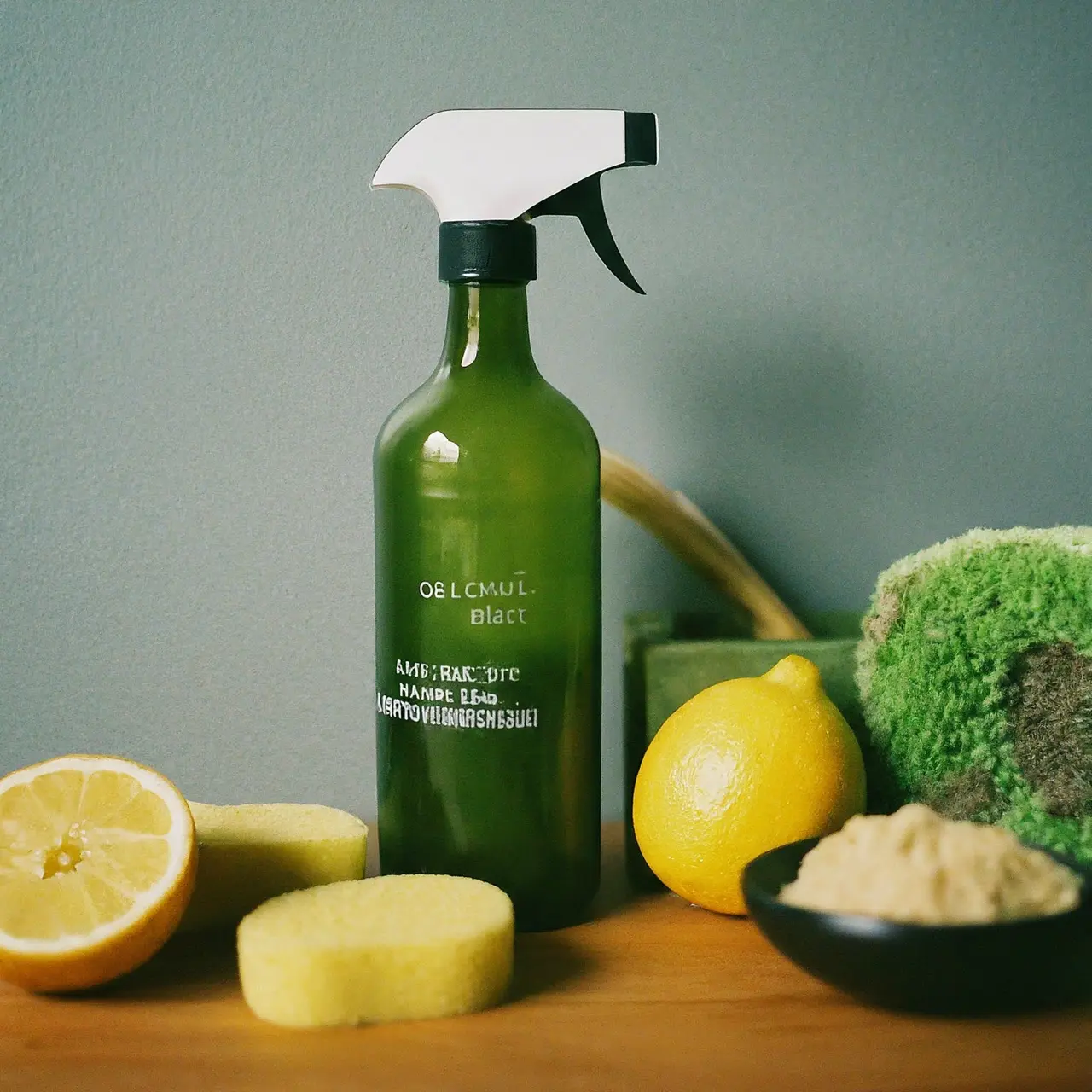 A green cleaning spray bottle surrounded by natural cleaning ingredients. 35mm stock photo