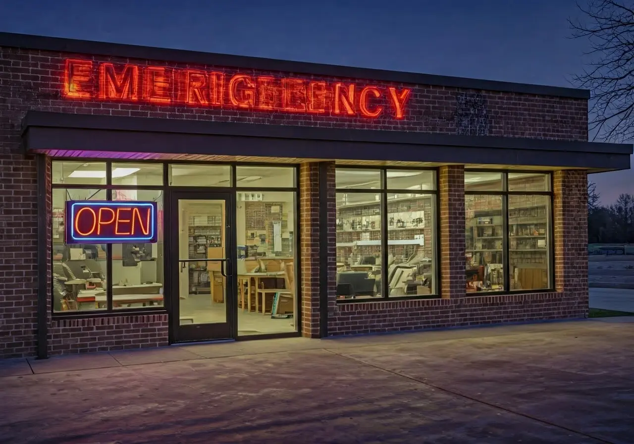 Emergency chiropractor clinic exterior with a welcoming open sign. 35mm stock photo