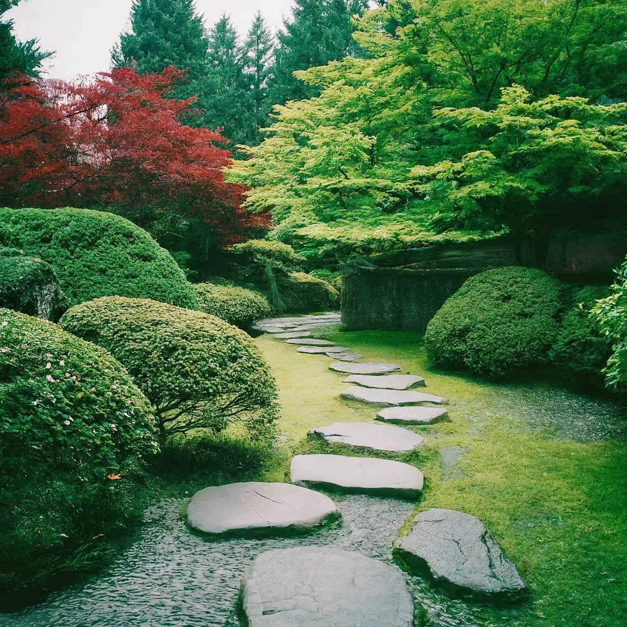 A serene Japanese garden with a tranquil stone pathway. 35mm stock photo