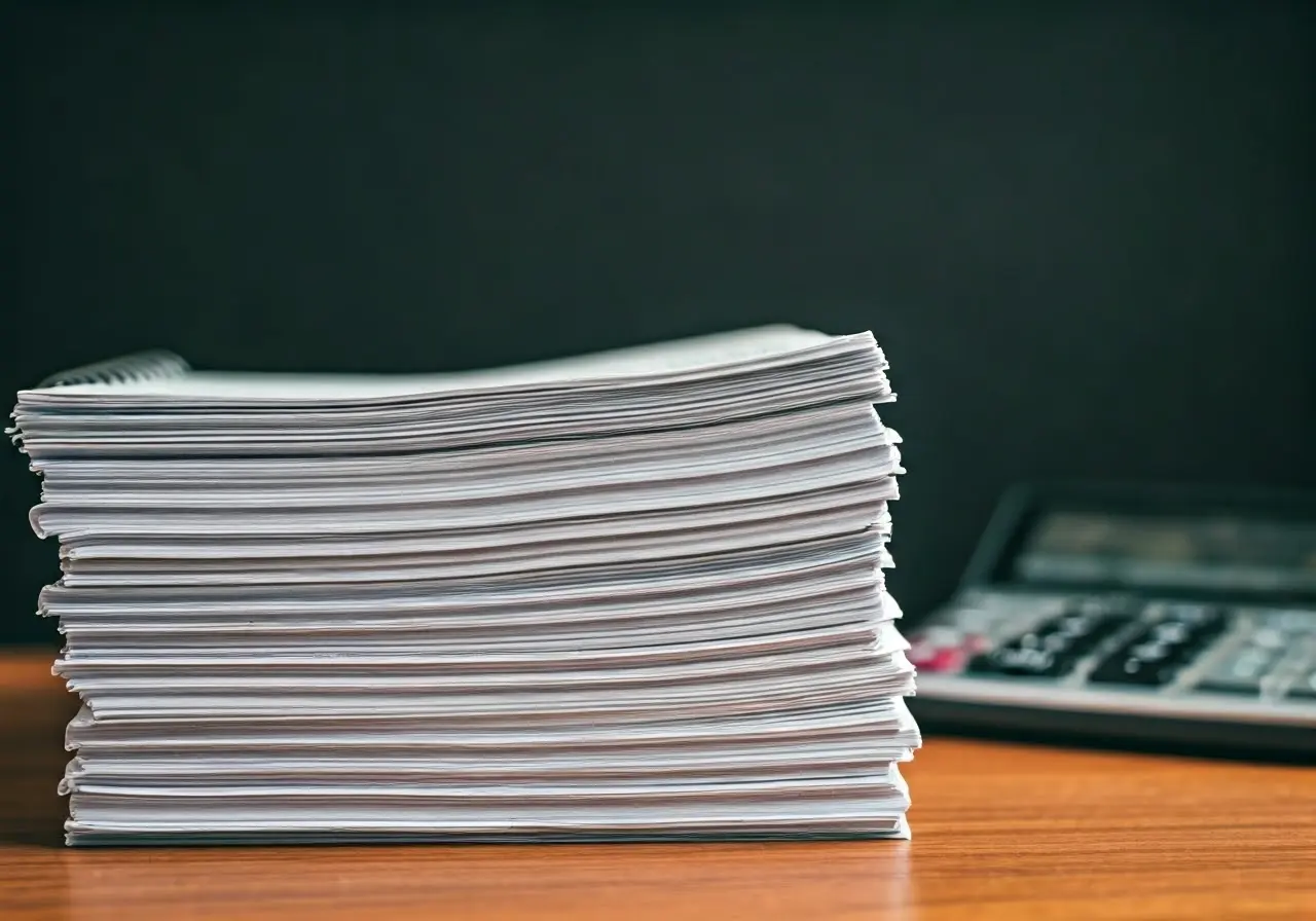 A stack of organized receipts on a desk with a calculator. 35mm stock photo