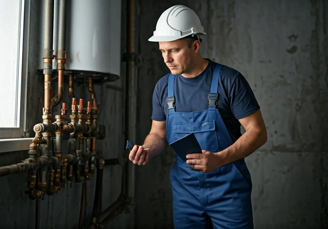 A technician inspecting a home heating system. 35mm stock photo