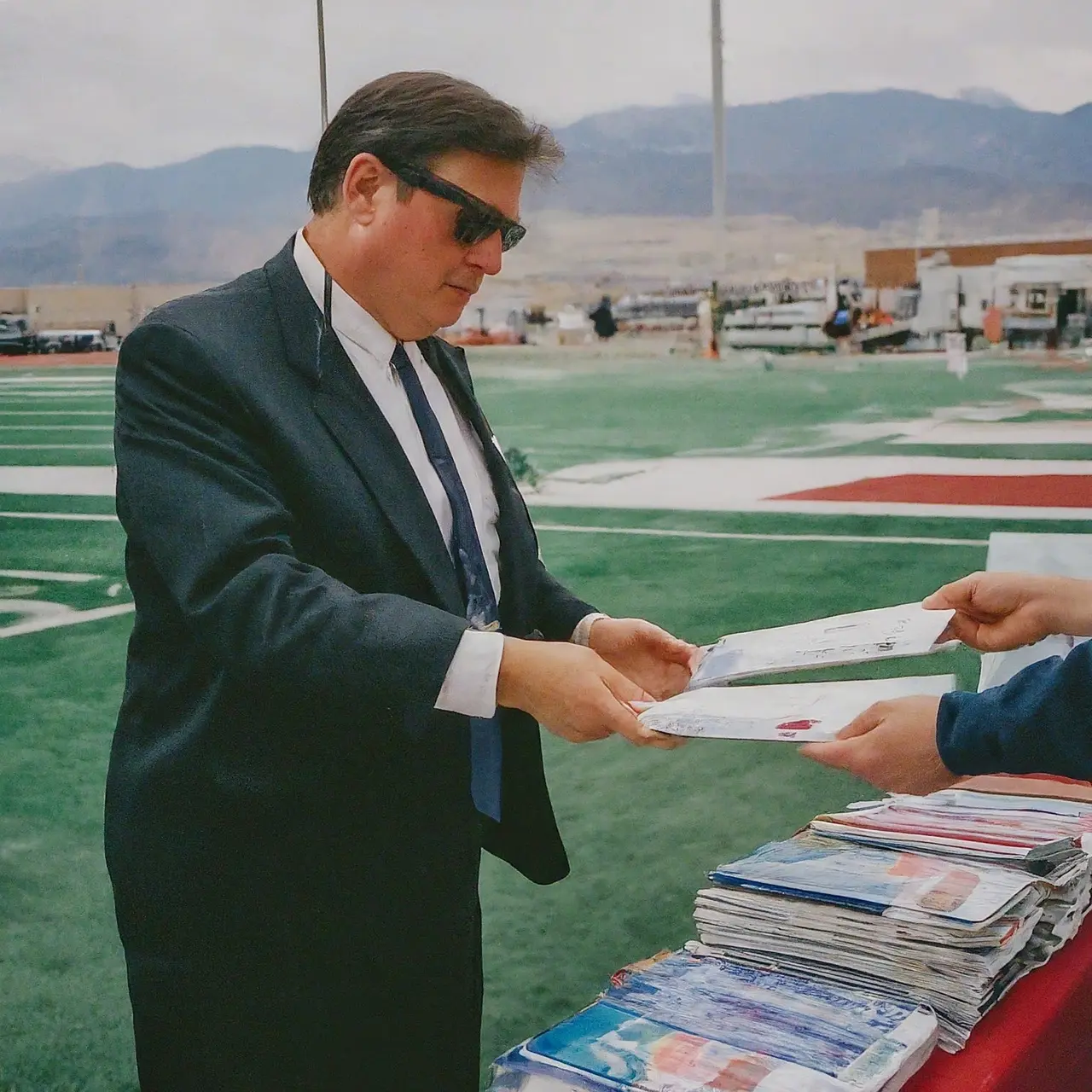 A FEMA representative distributing brochures and forms at an information booth. 35mm stock photo