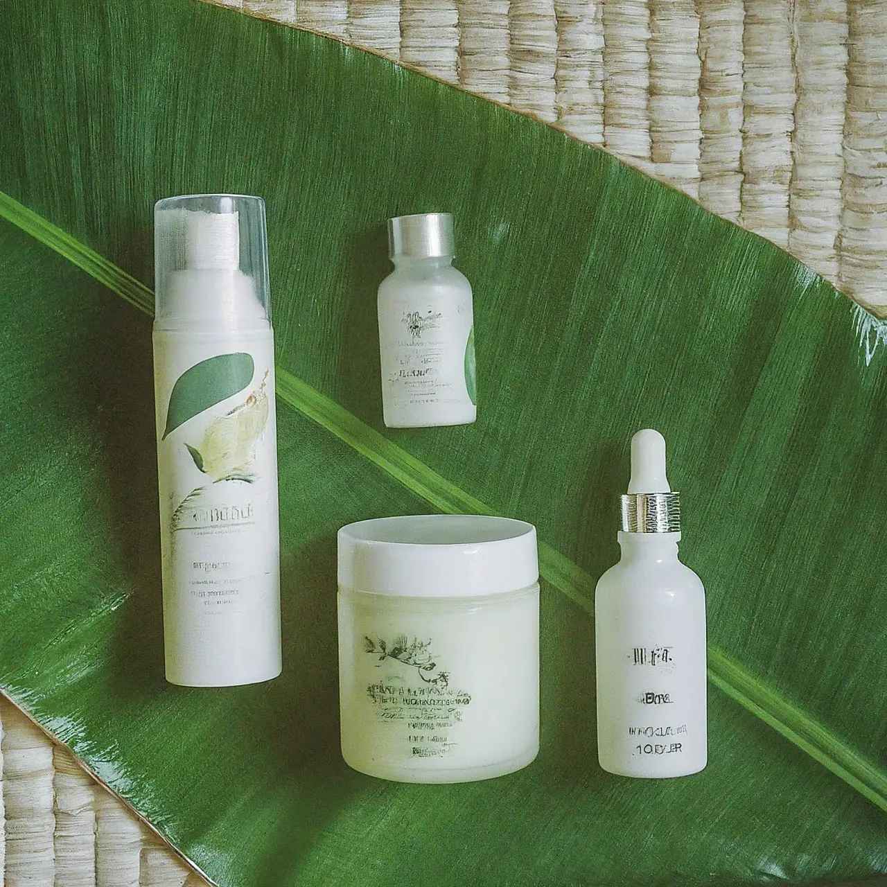 Organic skincare products arranged on a tropical leaf background. 35mm stock photo