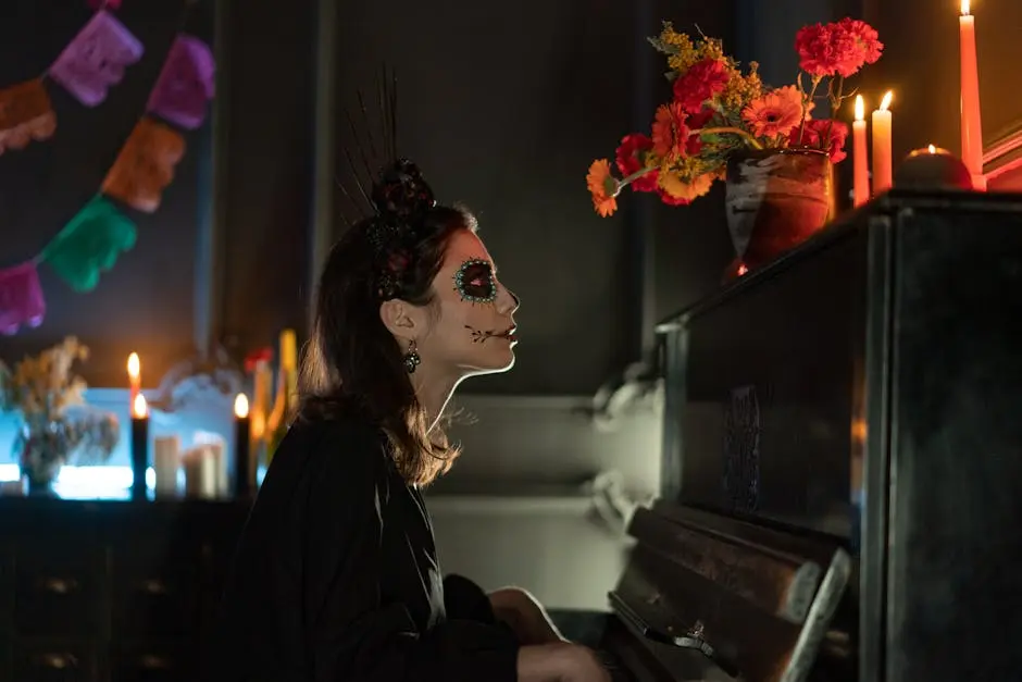 Woman with Skeleton Face Makeup Looking at Lighted Candles