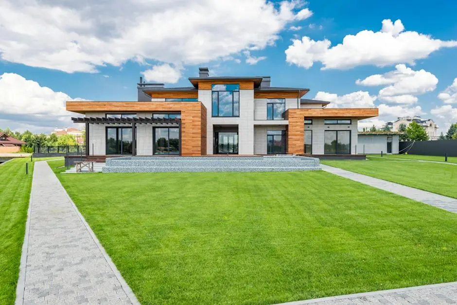 Exterior of modern house with glass doors and panoramic windows