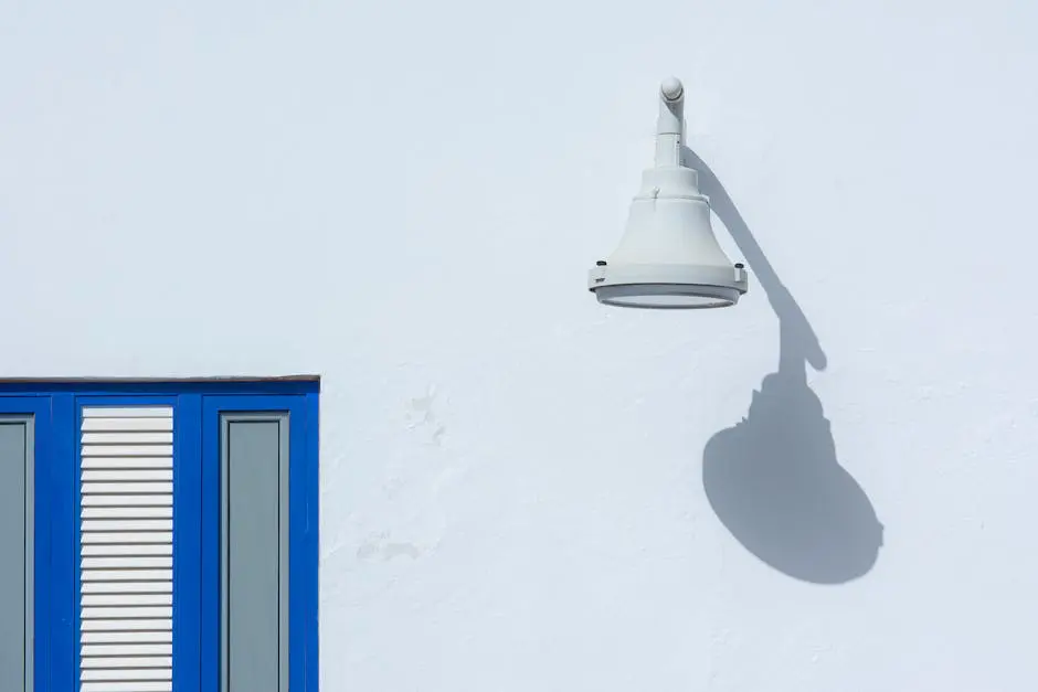 A white wall with blue shutters and a lamp