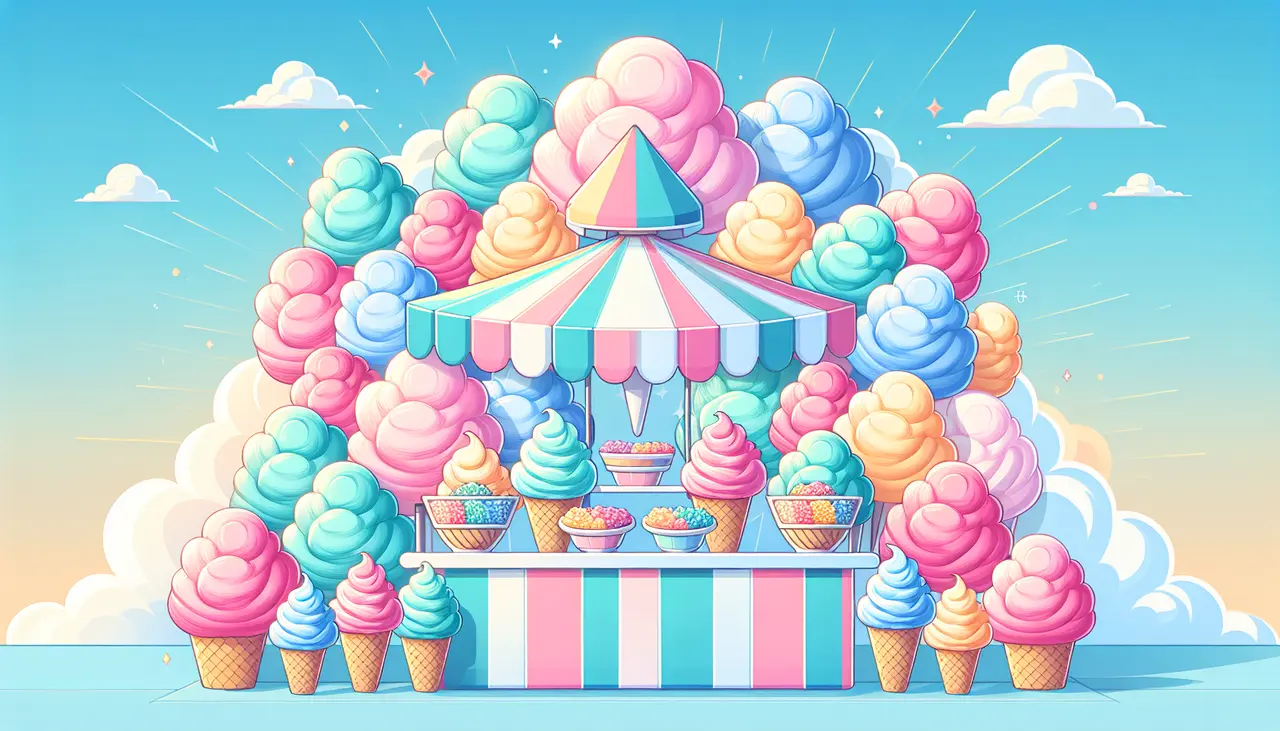 Draw a graphic in flat design style. A whimsical illustration of a vibrant cotton candy stand with colorful cotton candy cones in pastel shades, set against a clear blue sky.