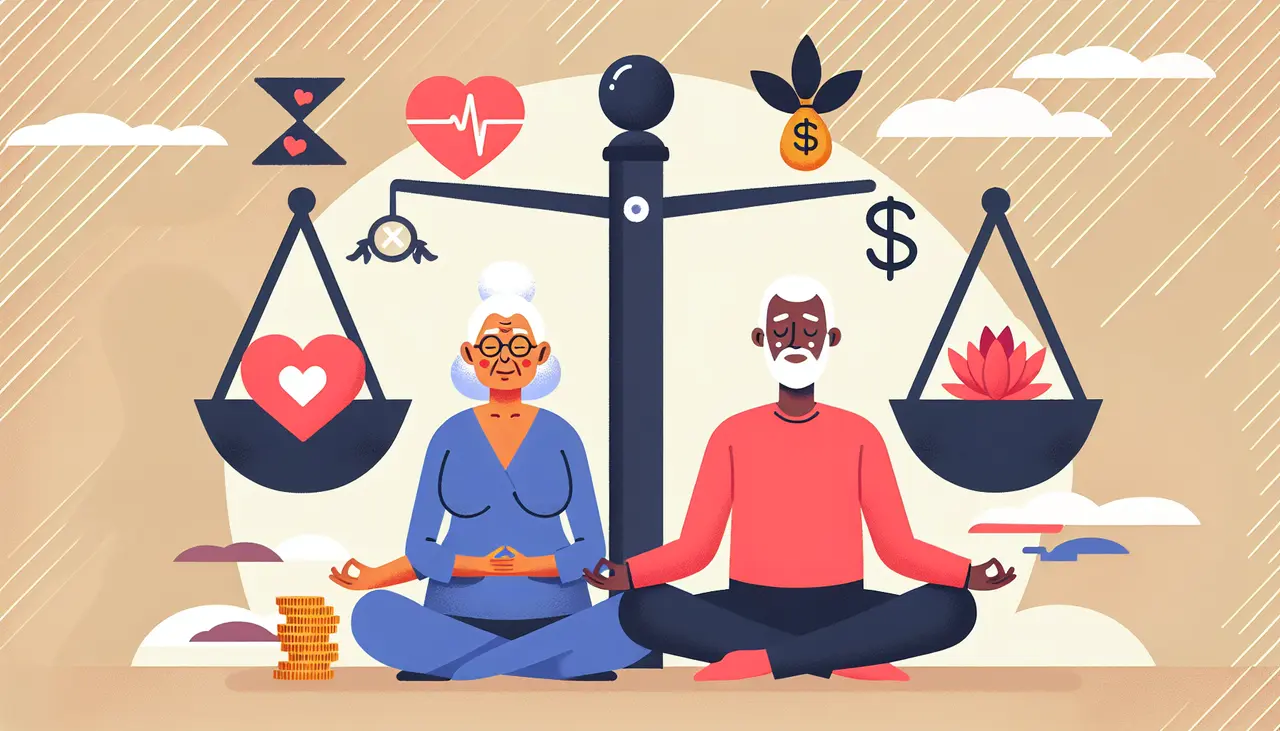 Draw a graphic in flat design style. Create an image of an older couple meditating on a balance scale, with symbols of health (a heart), spirituality (a peaceful lotus), and finances (a dollar sign) balanced around them. Keep the design minimalistic and harmonious.