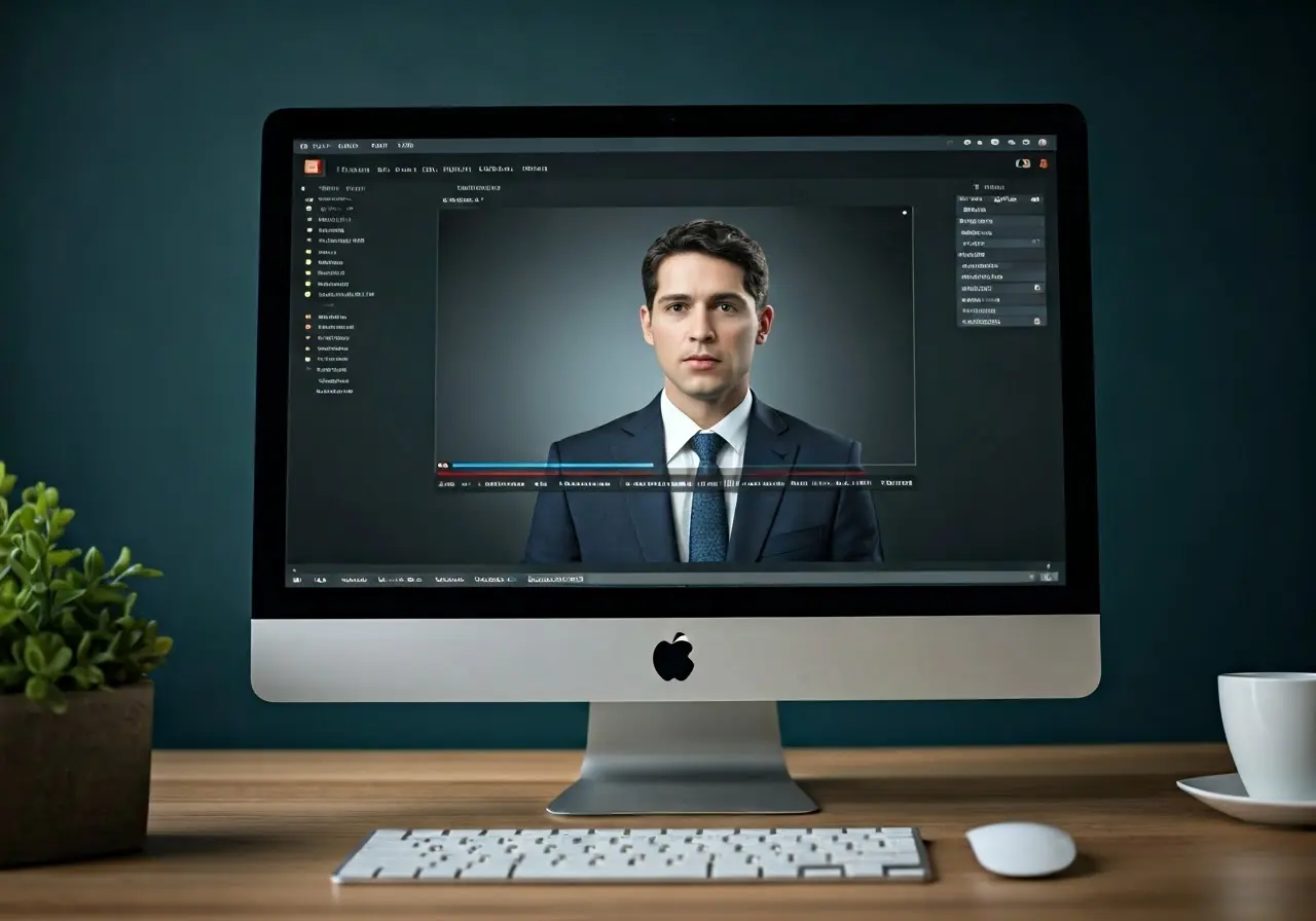 A computer screen displaying a corporate training video. 35mm stock photo